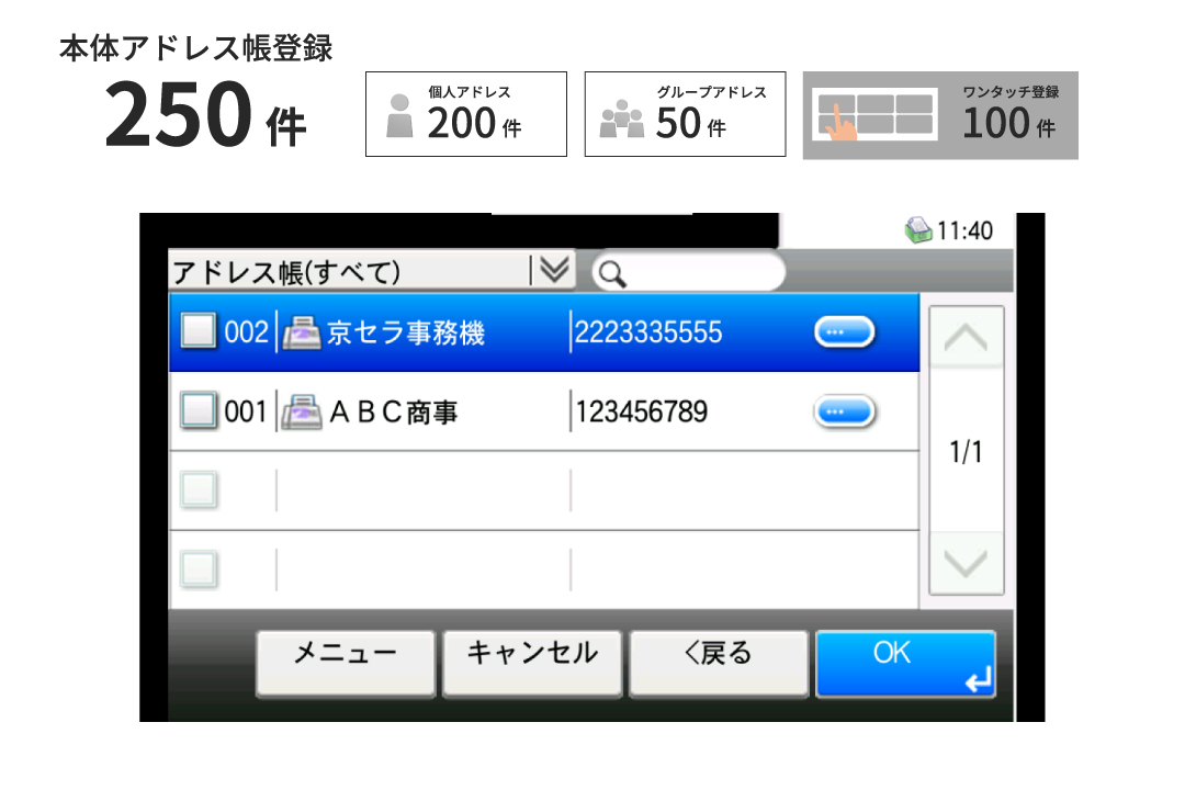最大250件登録可能なアドレス帳
