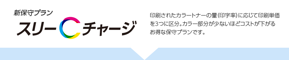  新保守プラン スリーCチャージ 印刷するカラーの量（印字率）に応じて印刷単価を3つに区分。カラー分量が少ないほどコストが下がるお得な保守プランです。