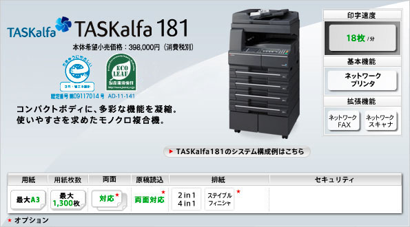 コンパクトなモノクロ複合機 TASKalfa 181