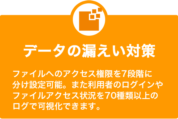 データの漏えい対策 ファイルへのアクセス権限を7段階に分け設定可能。また利用者のログインやファイルアクセス状況を70種類以上のログで可視化できます。