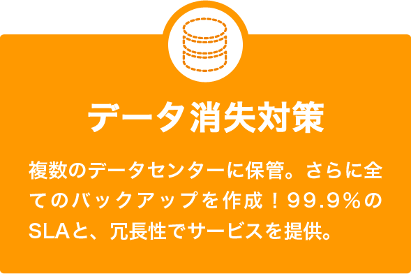 データ消失対策 複数のデータセンターに保管。さらに全てのバックアップを作成！99.9％のSLAと、冗長性でサービスを提供。