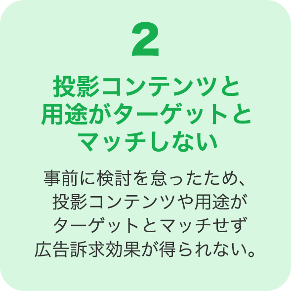 投影コンテンツと用途がターゲットとマッチしない 事前に検討を怠ったため、投影コンテンツや用途がターゲットとマッチせず広告訴求効果が得られない。