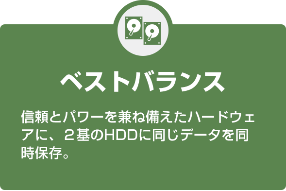 ベストバランス 信頼とパワーを兼ね備えたハードウェアに、2基のHDDに同じデータを同時保存。