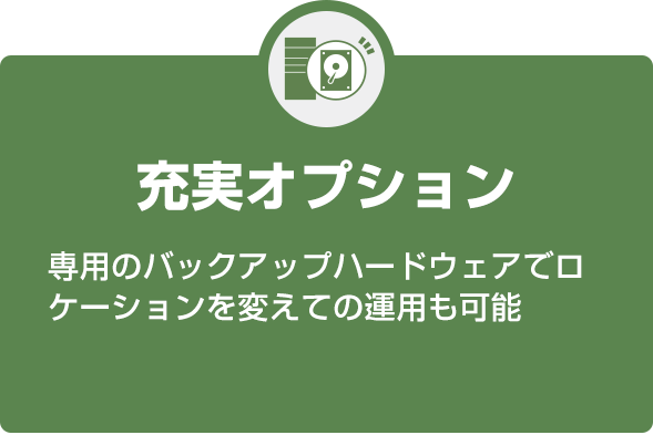 充実オプション 専用のバックアップハードウェアでロケーションを変えての運用も可能
